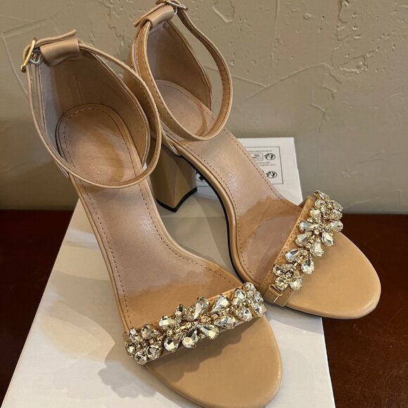 Women's Nude Block Heel Sandals w/Crystal Embellished Strap & Buckle Size 6.5 - Picture 7 of 8